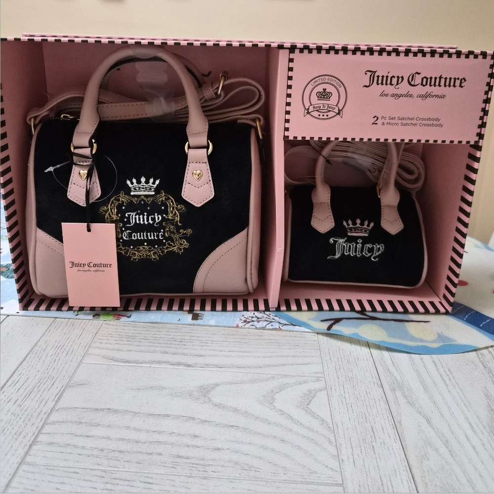 Juicy Couture Black & Pink Crossbody Bag Set Heritage Mommy & Me Satchel Set New